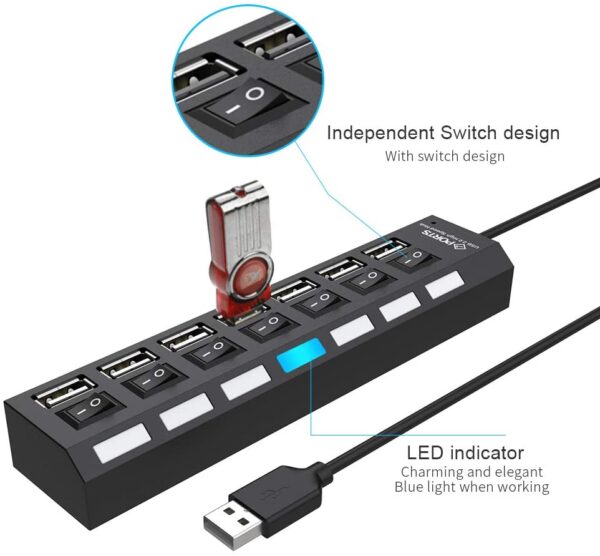 7-Port USB 2.0 Schwarz Hub mit High Speed Adapter On/Off Schalter für Laptop/PC